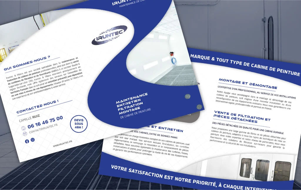 Conception et Impression d'un dépliant 2 volets (4 pages) pour la société Iruntec. Projet réalisé et imprimé par Grafixès