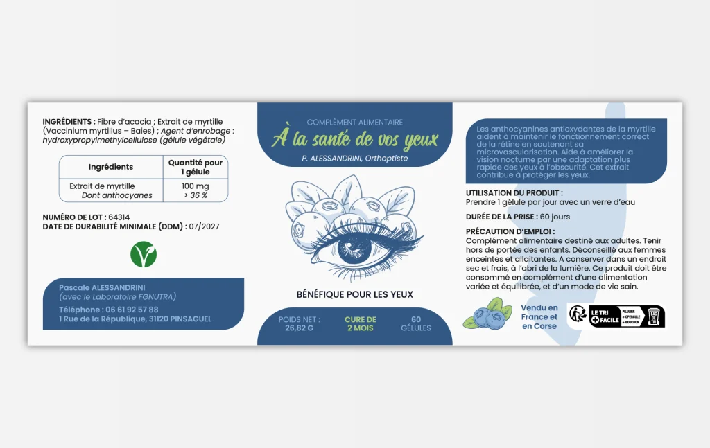 Étiquette du complément alimentaire À la santé de vos yeux. Celle-ci a été réalisée par Grafixès