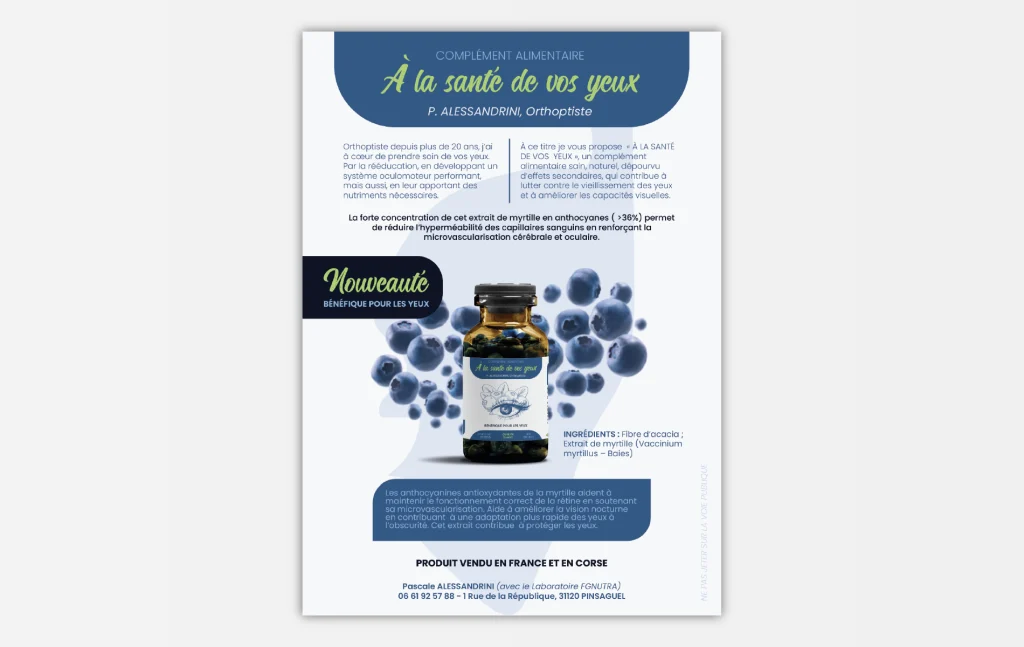 Flyer pour promouvoir le complément alimentaire À La Santé de vos Yeux. Le flyer a été réalisé et imprimé par Grafixès