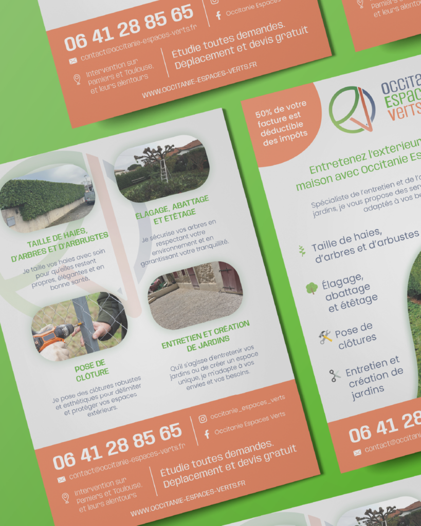 Flyer professionnel Occitanie Espaces Verts présentant les services de taille de haies, élagage et pose de clôture