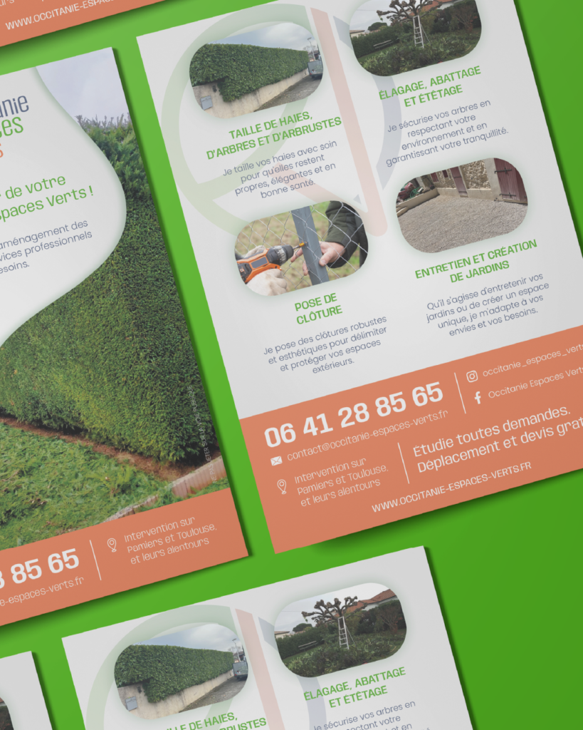 Mockup flyer Occitanie Espaces Verts réalisé par Grafixès pour promouvoir les services de paysagisme et entretien extérieur