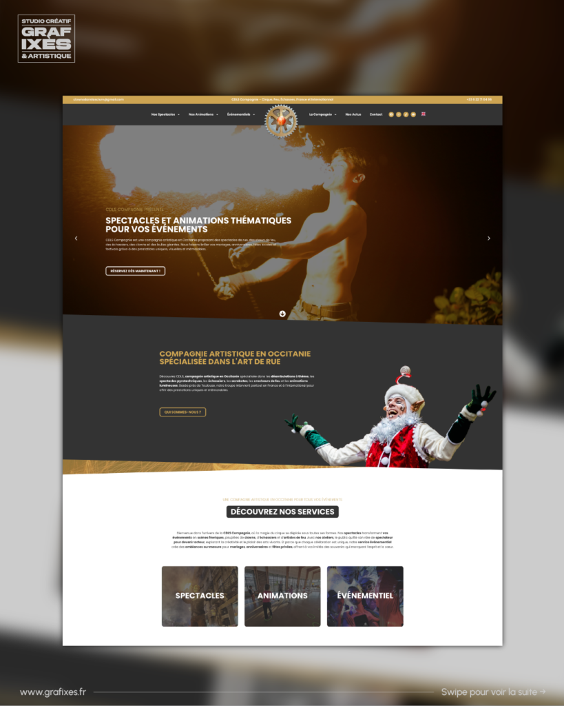 Homepage du site web CDLS Compagnie avec spectacle de feu et navigation sur mesure