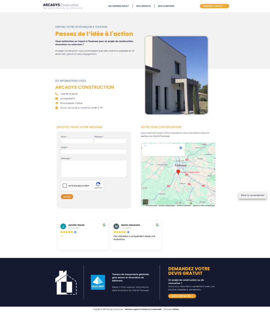 Page contact Arcadys Construction – formulaire de devis maçonnerie
