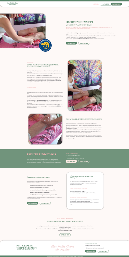 Page à propos du site Aux Petits Soins de Sophie présentant une praticienne Emmett à Seysses