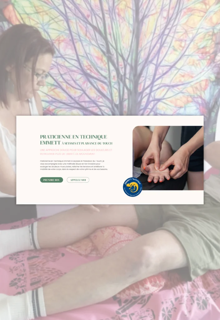 Hero section du site Aux Petits Soins de Sophie avec présentation des soins Emmett à Seysses