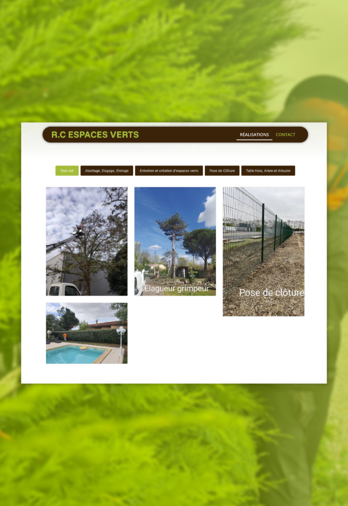 Galerie des réalisations du site RC Espaces Verts avec filtres de catégories paysagisme et clôture
