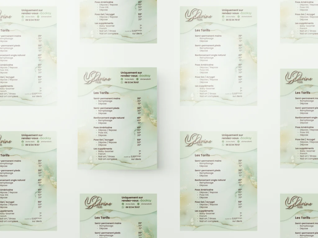 Flyer tarifs Divine Nails pour prothésiste ongulaire